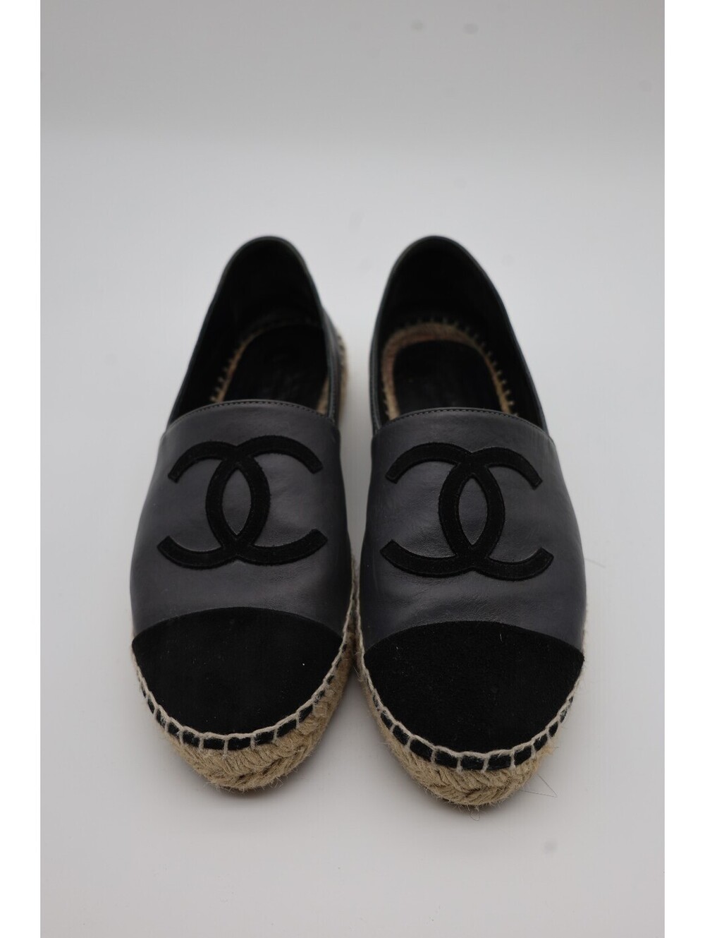 Chanel Black Leather and Suede Espadrilles with CC Logo, Size 36